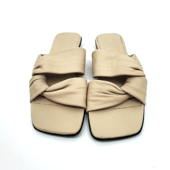 Zara Low Heeled Crossed Leather Square Toe Sandals Tan/Beige/Nude Size 37 - Picture 6 of 10